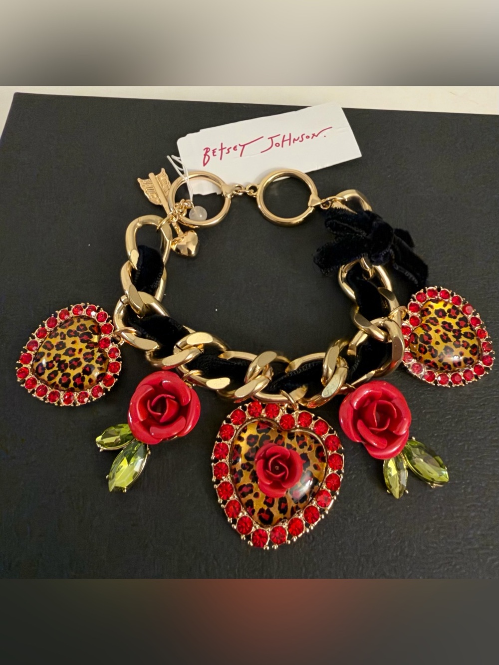 Betsey Johnson Gold-Tone Chain Bracelet with Red Roses & Leopard Heart Charms - Picture 12 of 16